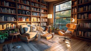 Cozy and inviting library filled with books and furniture. photo