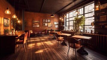 Cozy and intimate restaurant with rustic wooden furniture and warm lighting. photo