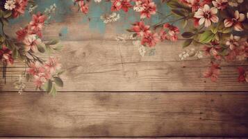 A wooden background with flowers. photo