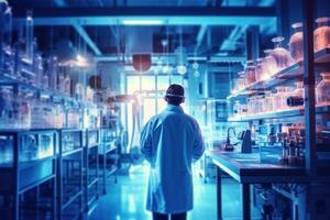 A scientist in a lab coat standing in front of a digital display. photo