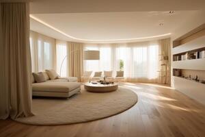 A modern living room with minimalist design and a white shag rug. photo
