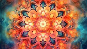 A vibrant orange and blue floral painting. photo