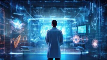 A scientist analyzing data on a computer screen in a laboratory. photo