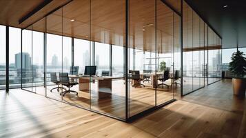 Modern glass office with sunlight. photo