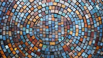 A circular mosaic tile wall with intricate design. photo