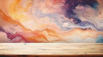 A wooden bench sitting in front of a painting. photo