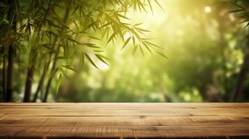 A wooden table top with a bamboo tree in the background. photo