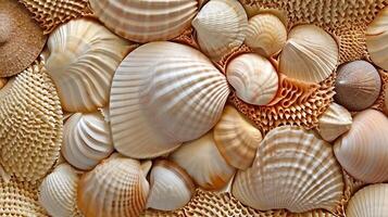 A vibrant collection of seashells up close. photo