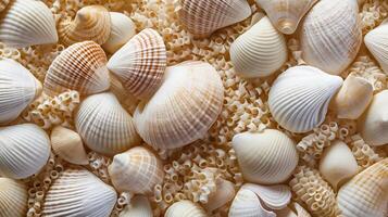 A colorful collection of seashells arranged on a table. photo