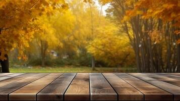 un de madera mesa parte superior con un árbol en el antecedentes. generativo ai foto