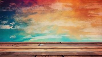 A wooden table with a colorful background. photo