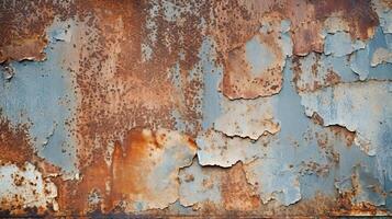 A weathered and distressed metal texture with chipped paint. photo