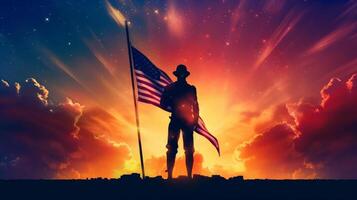 Silhouette of a person raising the American flag high on a flagpole against a colorful sunset backdrop, evoking a sense of patriotism and freedom. photo