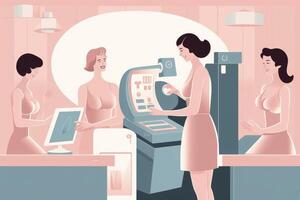 Illustration process of a mammogram screening, and receive result. . photo
