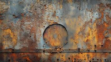 A corroded metal sheet with a circular aperture in the center. photo