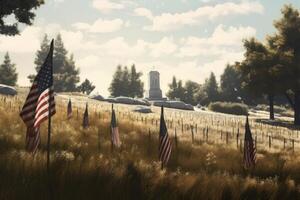 Patriotic field filled with American flags on a cloudy day. photo