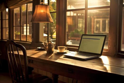 un ordenador portátil computadora en un de madera escritorio. generativo ai foto