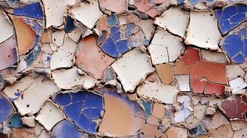 A colorful mosaic wall made of broken tiles. photo