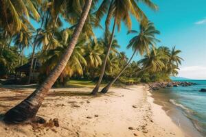 A serene tropical beach with palm trees and a traditional hut. photo