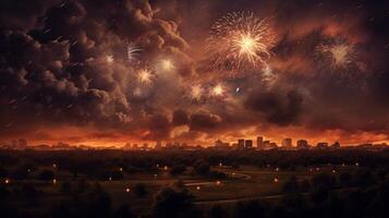 Stunning fireworks display lighting up the night sky over a bustling city. US Memorial Day. photo