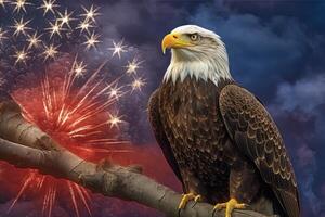 A bald eagle perched on a branch with fireworks in the background. photo