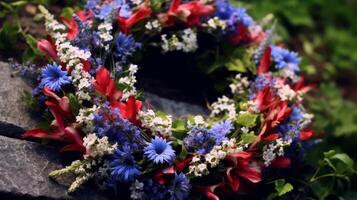 un patriótico guirnalda con rojo, blanco y azul flores puesto en honor de esos quien tener aprobado. nosotros monumento día. generativo ai foto