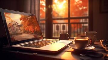 A laptop computer and coffee on a wooden desk. photo