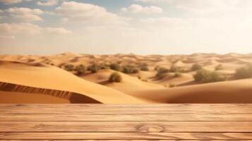 A wooden table top in front of a desert landscape. photo