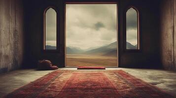 An inviting room with an open door and a cozy prayer rug. photo