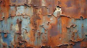 A weathered rusted metal surface with perforations and decay. photo