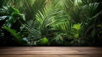 A room with a wooden floor and large green plant. photo