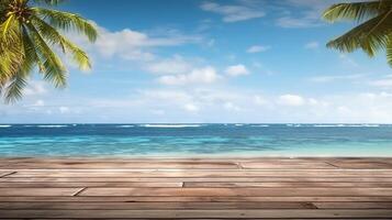 A wooden deck with a view of the ocean. photo