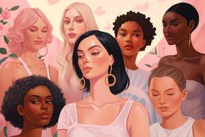 Women of different ages and ethnicities. Concept who have successfully battled breast cancer. . photo