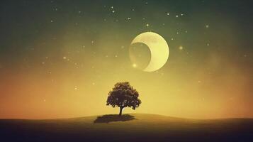 A solitary tree on a hill under a crescent moon. Islamic background. photo