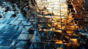 Buildings reflected in a shimmering puddle. photo