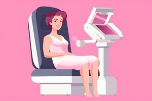 Patient undergoing a mammogram show a woman sitting or lying down during a mammogram. . photo