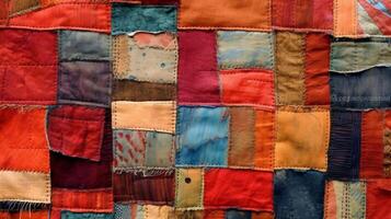 A colorful patchwork quilt up close. photo