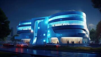People gathered outside a modern building at night with a futuristic design. photo