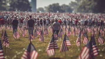 un reunión de gente, unido en un común porque de remembranza. nosotros monumento día. generativo ai foto