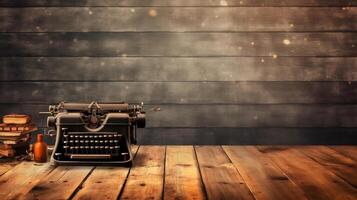 An old fashioned typewriter sitting on top of a wooden table. photo