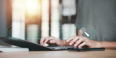 Businessman searching for business information through virtual screen,Searching for information he is interested in through online websites,keyword search ideas to find references,insight research photo