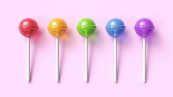 Set of five colorful sweet lollipops on pink pastel background photo