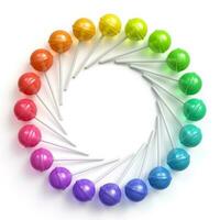 Sweet multicolored lollipops arranged in circle frame photo