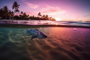 Photograph of beautiful inviting beach scene with purple sunset sky. photo