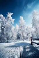 Winter Christmas scenic landscape with copy space. Wooden flooring, white trees in forest covered with snow, snowdrifts and snowfall against blue sky in sunny day photo