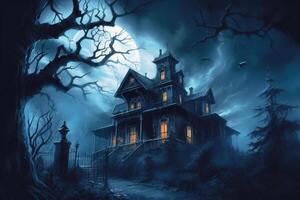 Creepy haunted mansion, spooky moonlit sky, trees in background with eyes shining from shadows. photo