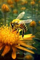 Bee sitting next to yellow flower and drop. photo