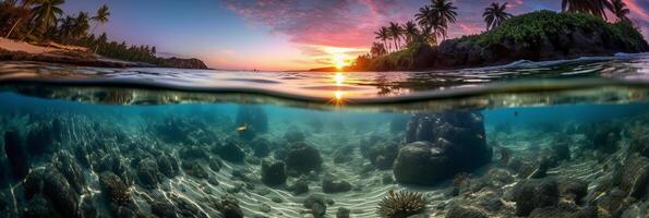 fotografía de hermosa atractivo playa escena con púrpura puesta de sol cielo. ai generativo foto