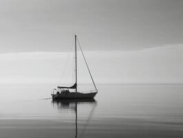 white image of a lone sailboat on a calm sea, photo