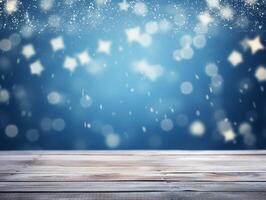 Winter snowy stage background with wooden flooring and Christmas lights on blue background, banner format, copy space. photo